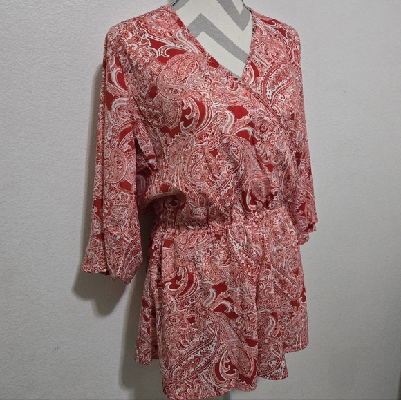 Elan Red Paisley Boho Romper Surplice V-Neck Long Sleeve Elastic Waist Medium - Picture 5 of 16